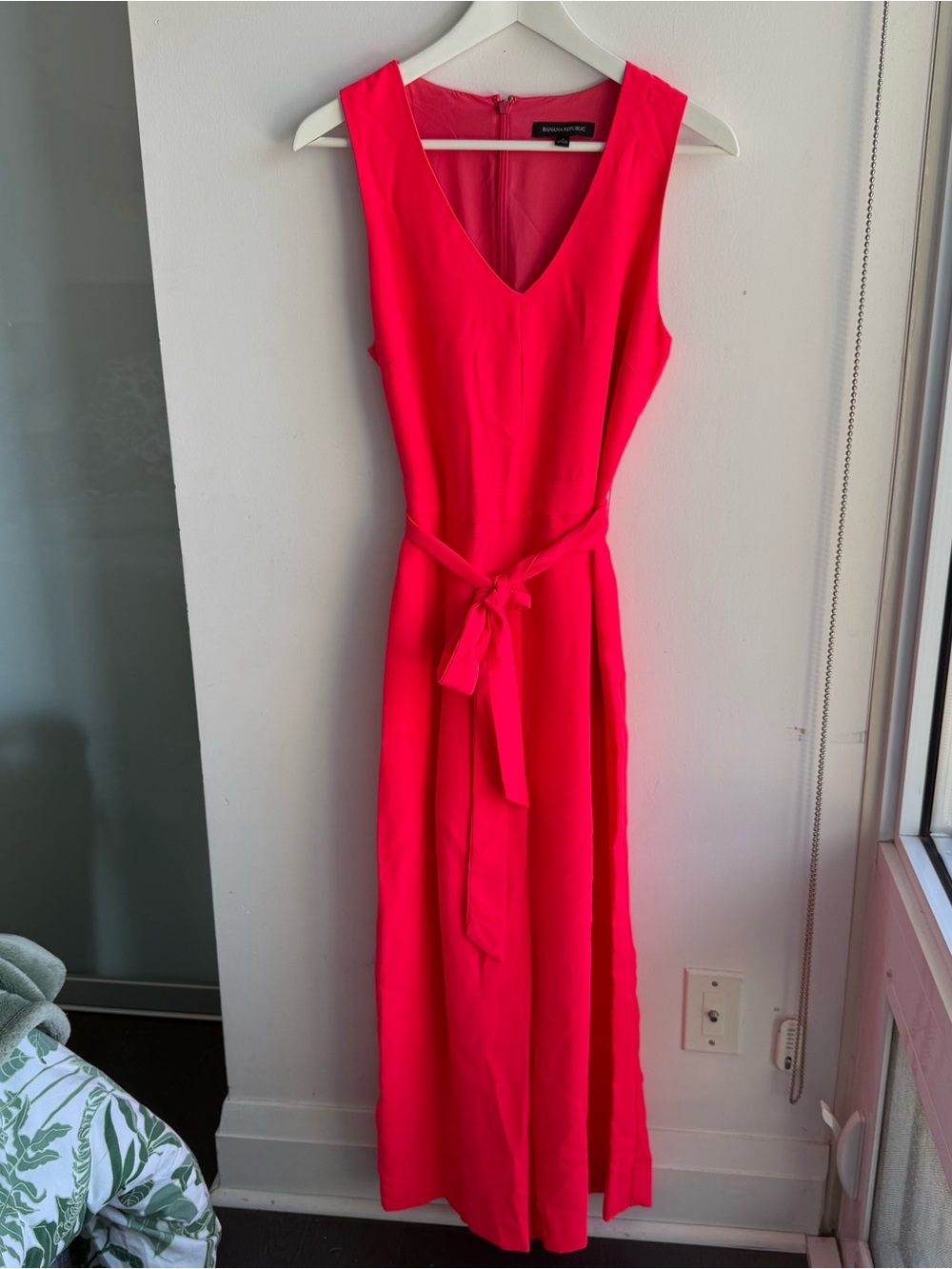 Sleeveless V-Neck Belted Jumpsuit in Hot Pink